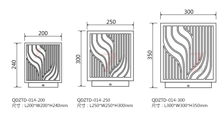 (QDZTD-014)古铜拉丝割花方形矮柱柱头灯200mm、250mm、300mm尺寸示意图