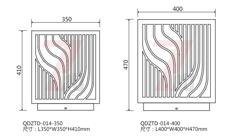 (QDZTD-014)古铜拉丝割花方形矮柱柱头灯350mm、400mm大规格尺寸示意图